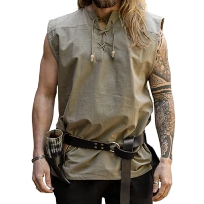Afbeelding van Leonardo Carbone® Mouwloos middeleeuws jeanshemd overhemd voor heren, LARP kleding, festivaloutfit, carnavalskostuum vrijetijdshemden, 100,