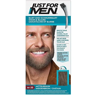 Image de Just For Men Teinture Barbe Marron/Brun, Coloration Moustache et Châtain Homme, Élimine Les Poils Blancs Pour un Résultat Plus Épais, Avec pinceau applicateur. Rapide facile M35