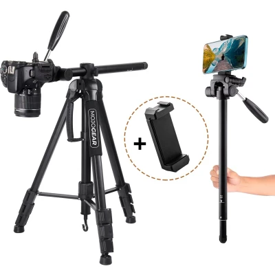Afbeelding van MOJOGEAR 179cm 3 in 1 Statief: Driepoot, Monopod &amp; Horizontale Arm voor topshots met Telefoonhouder en Tripod Draagtas Groot statief smartphone telefoon camera Zwart