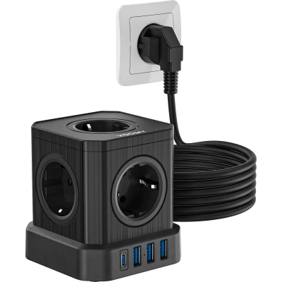Afbeelding van Voomy Cube 5M Stekkerdoos Met USB C 20W Snellader Schakelaar 5 Stopcontacten 4 Poorten Powercube Meter Verlengsnoer Zwart