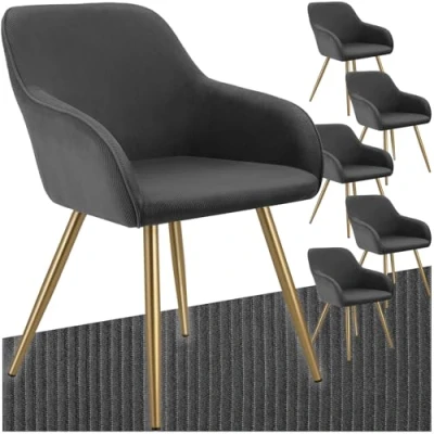 Afbeelding van tectake® 6 x Stoel Gestoffeerde Woonkamerstoel met cordlook antraciet/goud Designstoel, Loungestoel Draagvermogen tot 120kg