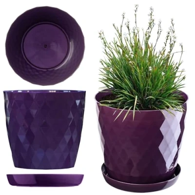 Afbeelding van KADAX Elegante bloempot, plantenpot met schotel, ronde bloempot van kunststof, voor bloemen, binnen