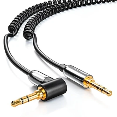 Afbeelding van deleyCON 2 m jack kabel spiraalkabel stereo audio AUX 3,5 mm jackstekker met 90 graden schuin vergulde stopcontacten
