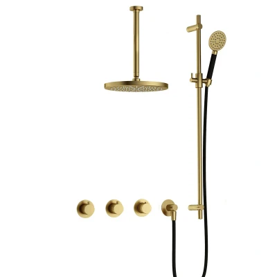Afbeelding van Hotbath Cobber Regendoucheset IBS70 Geborsteld Messing PVD Ronde handdouche 30cm Hoofddouche Plafondbuis Handouche met glijstang
