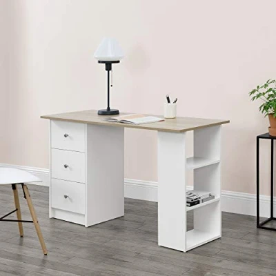 Afbeelding van Bureau Lemberg met 3 lades 120x49x72 cm wit en eiken