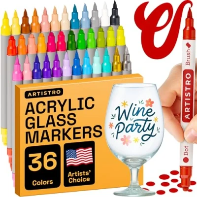 Afbeelding van ARTISTRO Acrylverfstiften, acrylstiften met dubbele punt, voor stof, canvas, steen, glas, hout, papier (dubbele punt + penseel, 36)