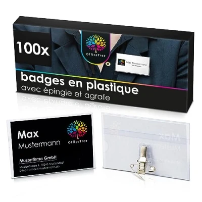 Afbeelding van OfficeTree 100 stuks naamlabels voor kleding, geïntegreerde clip en speld van kunststof visitekaartjes, naamkaartjes, transparant