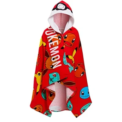 Afbeelding van Pokemon 100% katoenen kinderhanddoek met capuchon Poncho Pokeball Pikachu strandlaken badhanddoek aankleedkussen, Rood