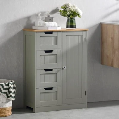 Afbeelding van Bath Vida Priano Badkamerkast met 4 laden en 1 deur, grijs, hout, badkamer, laden, deurkast