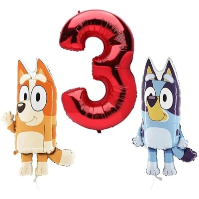 Afbeelding van Toyland® Bluey &amp; Bingo 2 stuks folieballonnen met karakter 81,3 cm en 1 cijferballon van 101,6 feestdecoraties voor kinderen