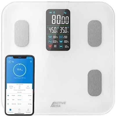 Afbeelding van Active Era Bluetooth personenweegschaal met led display, digitale smartweegschaal 16 metingen, mobiele app, impedantiemeter (BMI/BFR/spier/water/lichaamsvet/botmassa/BMR) wit