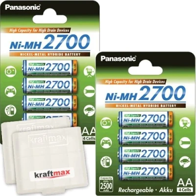 Afbeelding van Panasonic 2700 NI MH batterijen met hoge capaciteit BK 3HGAE 8 AA Mignon in batterijbehuizing, stuks.