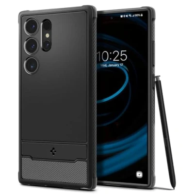 Image de Spigen Rugged Armor Coque de protection pour téléphone portable robuste polyuréthanne thermoplastique (TPU), polycarbonate, mousse à impact noir mat Samsung Galaxy S24 Ultra