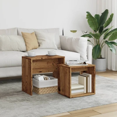 Afbeelding van 2 delige Tafeltjesset bewerkt hout oud houtkleurig