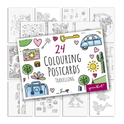 Afbeelding van younikat dv_1546 Set van 24 ansichtkaarten om in te kleuren, DIN A6, kinderen en volwassenen, personaliseren, vakantie excursie, I