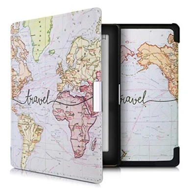 Afbeelding van kwmobile E reader hoesje geschikt voor Kobo Aura Edition 1 hoes flip case met magnetische sluiting Ereader cover Travel Wereldkaart design in zwart / meerkleurig