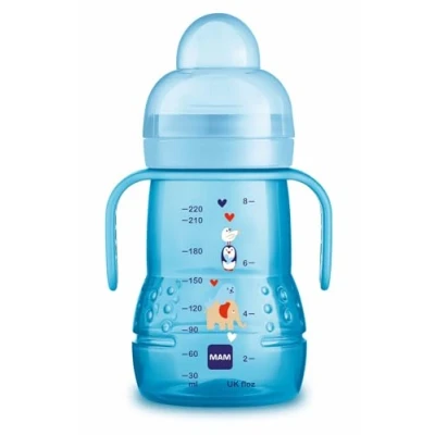 Afbeelding van MAM Trainer D114 drinkbeker voor baby&#039;s vanaf 4 maanden met lekvrije fopspeen en ultrazacht siliconen mondstuk, handgrepen beschermdeksel, 220 ml, blauw