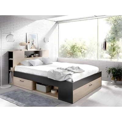 Afbeelding van Bed LEANDRE met hoofdeinde, opbergruimte en lades 140 x 190 cm Kleur: eiken antraciet L 218.5 H 95 D 149.6