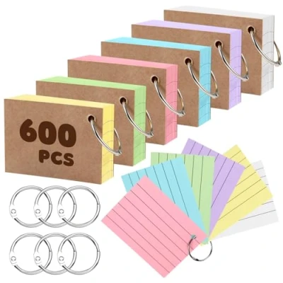 Afbeelding van EOPUOZS Fiches Bristol A8 Lignées, 600 Cartes d’index Couleurs avec 6 Anneaux de Reliure, Qualité Supérieure pour Notes, Entraînement au Vocabulaire, Formules et Préparation aux Examens