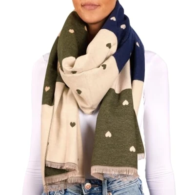 Afbeelding van BRUBAKER Cashmirillo damessjaal met hartpatroon, 70 x 200 cm, warm, behaaglijk en oversized, wollen sjaal voor herfst winter, dames, zacht kasjmiergevoel, Blauw, Olijf Beige, Eén Maat