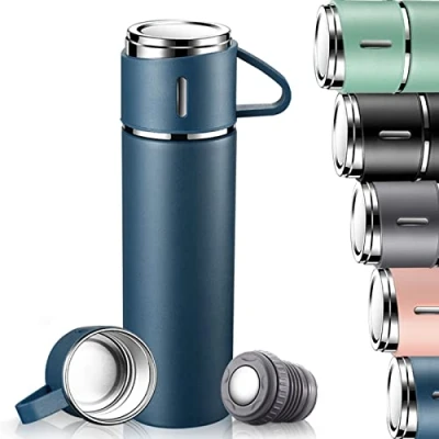 Afbeelding van Termos Lekvrije roestvrijstalen thermosfles, BPA vrij, 500 ml thermosfles met mok en handvat, voor koffie thee, fietsfles kinderen, volwassenen (blauw)