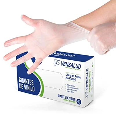 Afbeelding van VENSALUD Wegwerphandschoenen van vinyl, stofvrij, duurzaam, voor laboratorium, sanitair, keuken, tattoo studio&#039;s, dierenartsen, reiniging, latexvrij, 100 stuks, halfwit, maat L