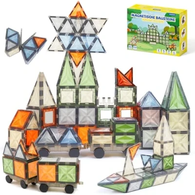 Afbeelding van ECHOCUBE 100 stuks magnetische bouwstenen, bouwset in natuurkleuren met voertuigen, educatief speelgoed, verjaardagscadeau voor kinderen