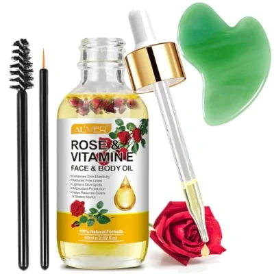 Afbeelding van Rozenolie voor het gezicht met rozenblaadjes + gua sha gereedschap, biologische vitamine E olie anti aging, littekens en striae, olie, natuurlijke lichaamsmassageolie de huid