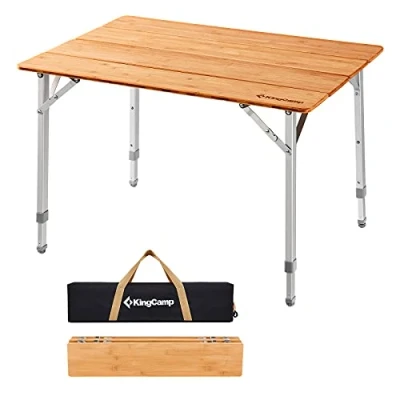 Afbeelding van KingCamp Opvouwbare campingtafel van bamboe, 4 laags, in hoogte verstelbaar, aluminium frame, voor 2 6 personen