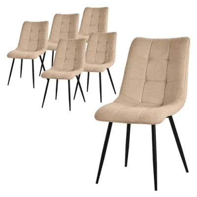 Afbeelding van Eetkamerstoelen set van 6 lichtbruin Keukenstoel met polyester bekleding en stalen poten ML design