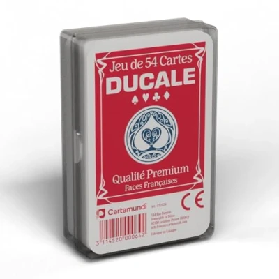 Afbeelding van Ducale Origine spel met 54 kaarten pokerspel, president, palmito, 8 Amerikanen willekeurige kleur (blauw of rood) kunststof doos