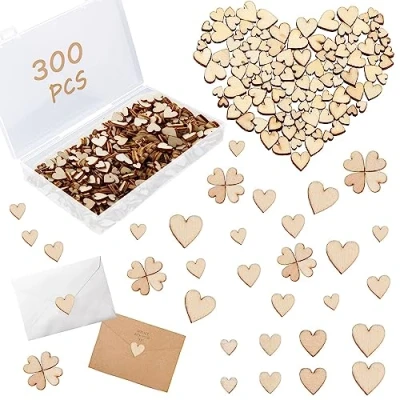 Afbeelding van 300 stuks kleine houten hartjes Mini harten Versieringen schijven om te knutselen, handwerk, tafeldecoratie 6, 8, 10, 12 mm