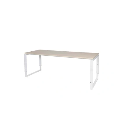 Afbeelding van Domino Plus bureau, hoogte instelbaar (62 85cm) met 200x80cm &#039;zwevend&#039; lindberg (licht) eiken 25mm blad en wit (RAL9010) O poot frame