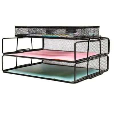 Image de EXERZ Lot de 2 trieurs papier avec plateau à accessoires/bacs courrier empilables, séparateur supplémentaire pour mémo/organiseur bureau bureau, école, maison
