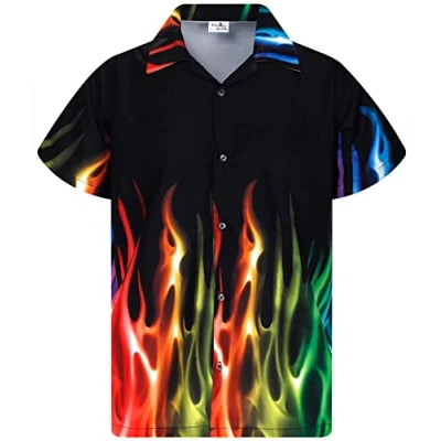 Afbeelding van King Kameha Hawaiiaans herenhemd met korte mouwen en knopen ananasbladeren, regenboog vlammen