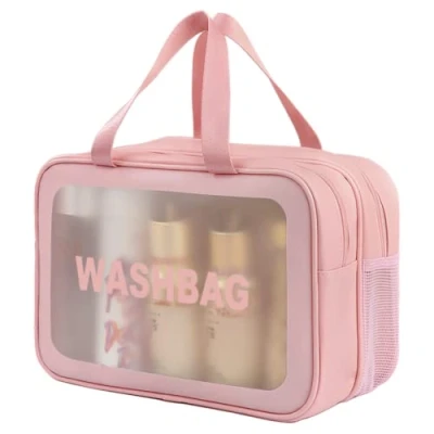 Afbeelding van SZDPC Grote toilettas voor dames en heren, met draaggreep, transparant mat, roze/XL, Mat doorschijnend
