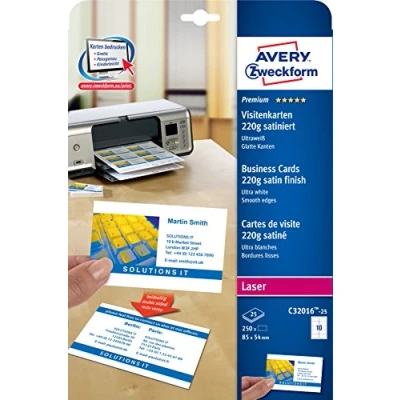 Afbeelding van Avery Zweckform C32016 25 Bedrukbare visitekaarten, gladde kant 85 x 54 mm Wit 250 stuk(s) Papierformaat: DIN A4