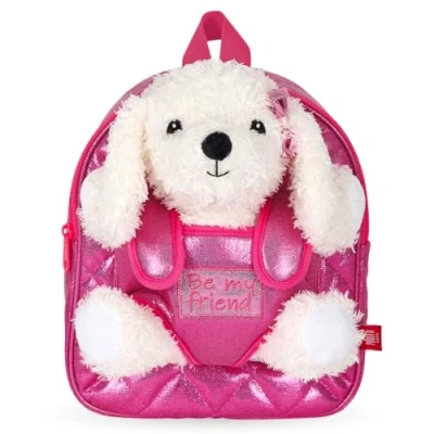 Afbeelding van PERLETTI Rugzak voor kinderen, 3, 4, 5, 6 jaar, met pluche poedel, wit, tas wieltjes of sport, Roze, knuffeldier, hond, kleuterschool, kleine meisjes,
