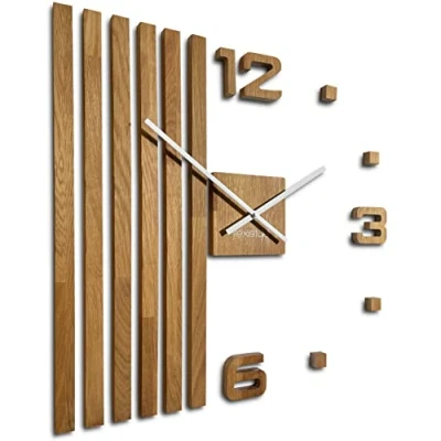 Afbeelding van 3D wandklokken DIY houten eiken lamellen grote wandklok 60 cm modern design EKO wandtattoo decoratie horloges voor kantoor woonkamer slaapkamer decoratief artikel kwartsklok (witte wijzers)