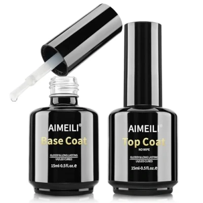 Afbeelding van AIMEILI gelnagellak, Top Coat en base coat, 2 x 15 ml, uv /led nagellak, soak off, toplaag, manicureset, veganistisch, langdurig