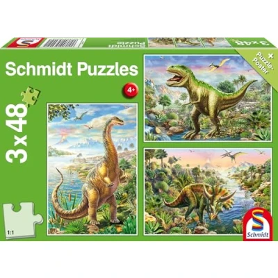 Image de Puzzle Schmidt Aventures de dinosaures, 3x48 pièces, comprend 1 affiche