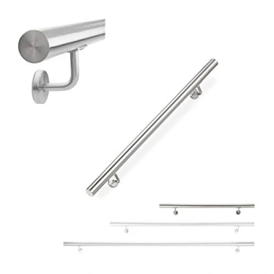 Afbeelding van Relaxdays Leuning roestvrij staal 304 mat trapleuning rond voor binnen en buiten 100 cm Ø 42 mm met houder zilver 1000