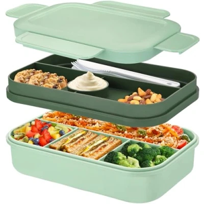 Afbeelding van Grote Bento Box van 2000 ml voor volwassenen en kinderen, stapelbare Japanse lunchbox met 8 vakken, lekvrij, magnetron vaatwasmachinebestendig (groen)
