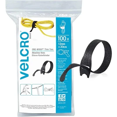 Afbeelding van VELCRO Brand One Wrap Herbruikbare Thin Ties Multifunctionele Perfect Desk Accessoires voor Kabelbeheer &amp; Home Improvement Zwart 12 mm x 20 cm Pack van 100