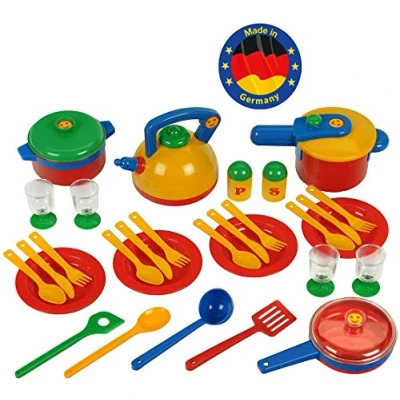 Afbeelding van Klein Toys Emma&#039;s Keuken pannenset eetservies voor 4 personen, braadpannen, koekenpannen, fluitketel, lepels en spatels meerkleurig