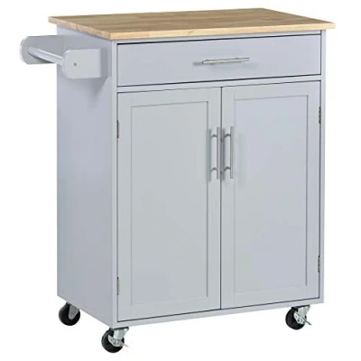 Afbeelding van HOMCOM Keukenwagen op wieltjes, serveerwagen keukeneiland met kastlade en theedoekhouder, 83 b x 45 d 91,5 h cm, grijs