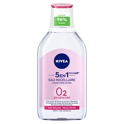 Afbeelding van NIVEA Micellair water voor droge en gevoelige huid (1 x 400 ml), make up remover verrijkt met micellen geanimeerde zuren zonder parfum, gezichtsreiniger ogen lippen