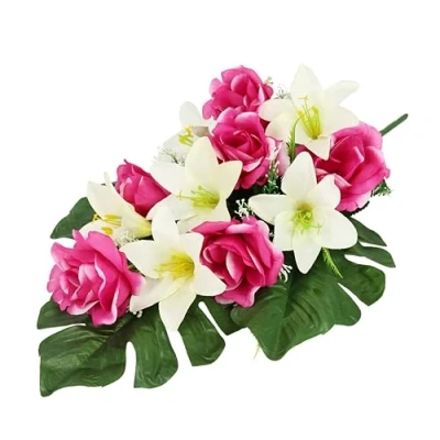 Afbeelding van Begrafenisdecoratie met kunstrozen en lelies, grafdecoratie, begraafplaats decoratie, rouwdecoratie, zijden bloemen