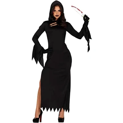 Afbeelding van Guirca Beul &amp; Magere Hein Kostuum Moordende Sluipdoder Henrike Vrouw Zwart Maat 42 44 Halloween Verkleedkleding