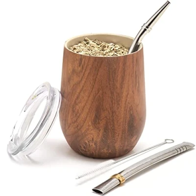 Afbeelding van BALIBETOV [Nieuw] Moderne 350 ml Yerba Mate Kalebas Set (Mate Cup) Dubbelwandig 18/8 roestvrij staal Inclusief twee bombilla&#039;s en een schoonmaakborstel (HOUT, 355 ml)